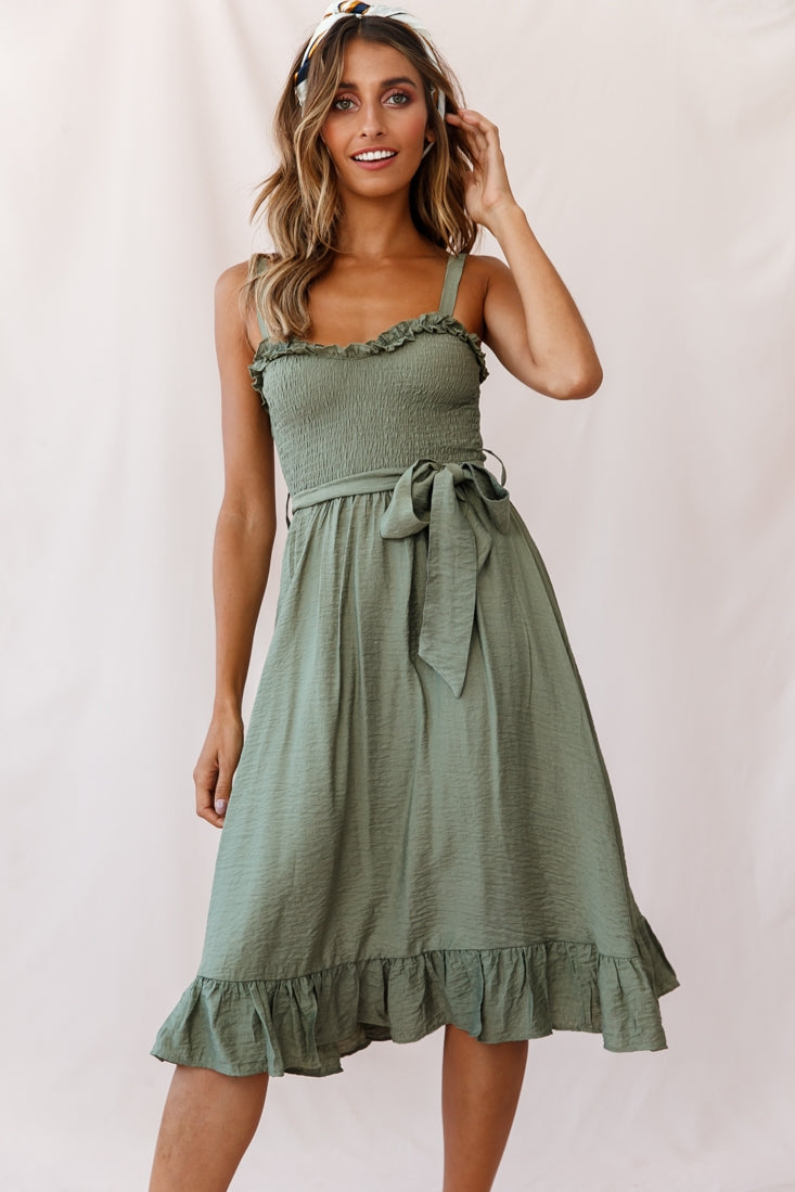 Honey Shirred Frill Midi Dress Olive by Selfie Leslie