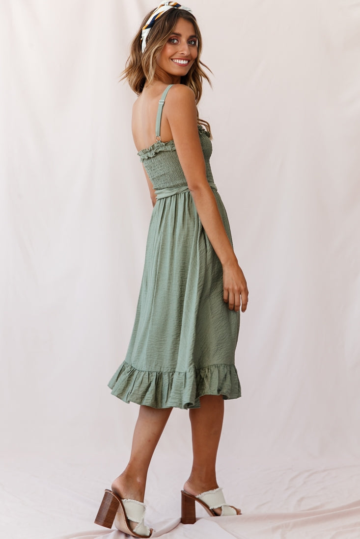Honey Shirred Frill Midi Dress Olive by Selfie Leslie