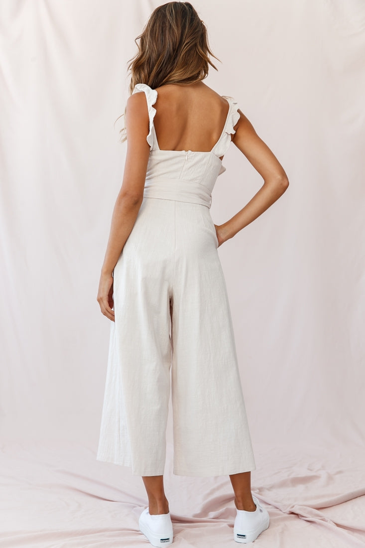 Kaia Ruffle Strap Wide-Leg Capri Jumpsuit Beige by Selfie Leslie