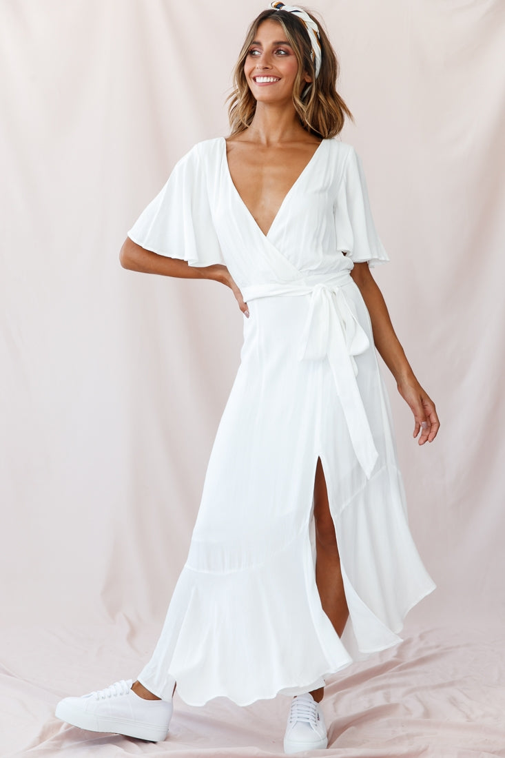 Friday Surplice Neckline Front Split Maxi Dress White by Selfie Leslie