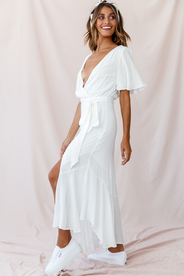 Friday Surplice Neckline Front Split Maxi Dress White by Selfie Leslie