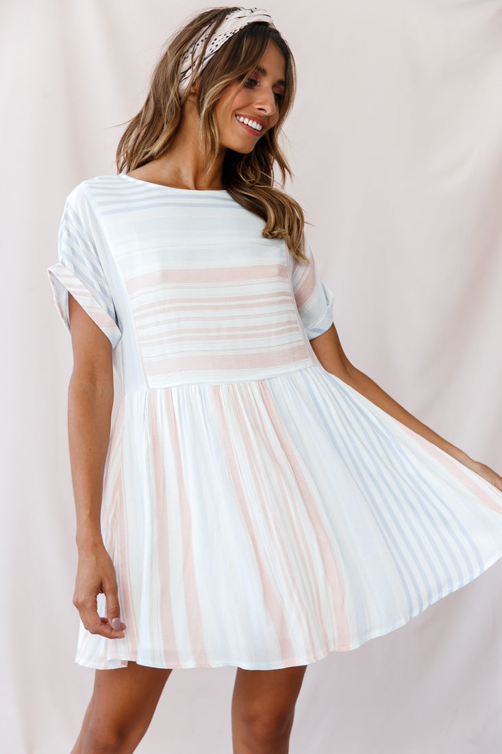Susie Rolled Sleeve Crew Neck Swing Dress Stripe Print Blue/Peach by Selfie Leslie