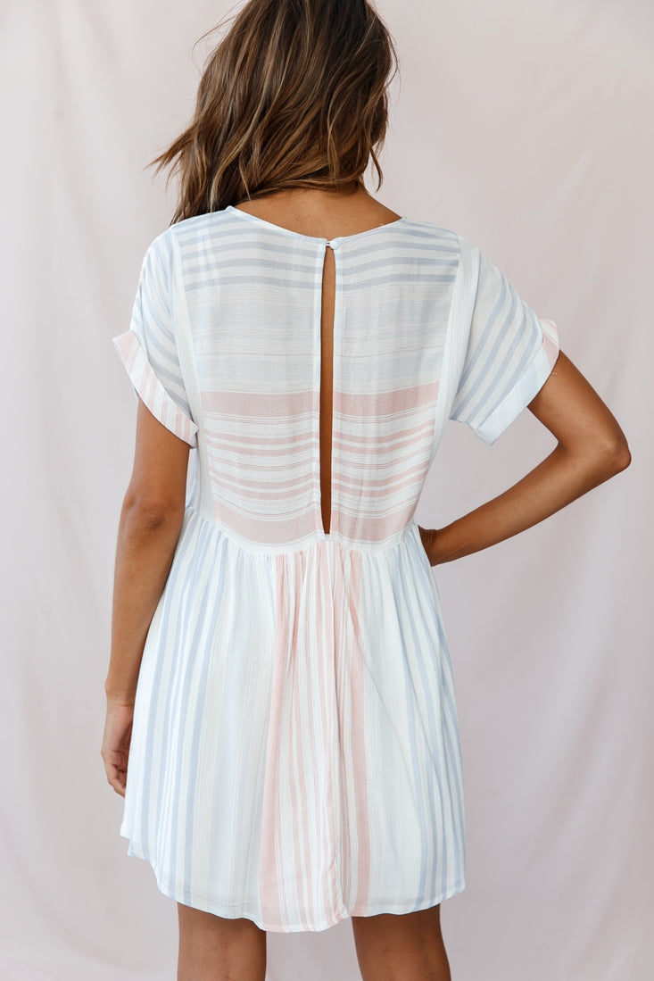 Susie Rolled Sleeve Crew Neck Swing Dress Stripe Print Blue/Peach by Selfie Leslie