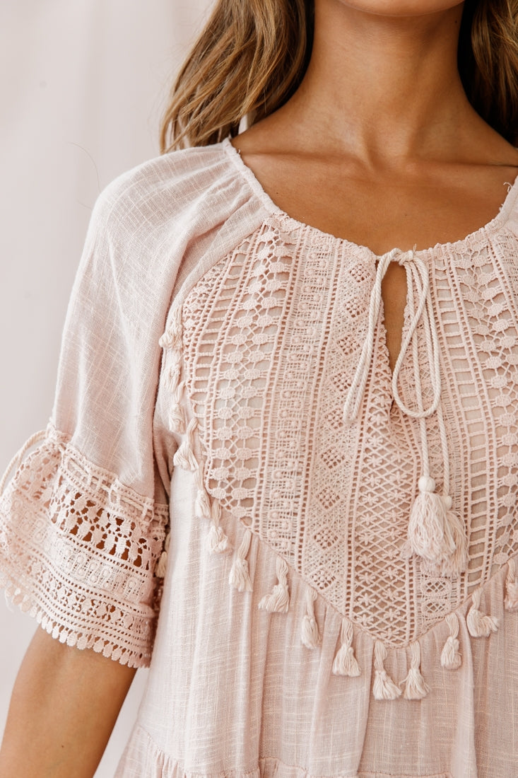 Jada Crochet and Tassel Kaftan Dress Beige by Selfie Leslie