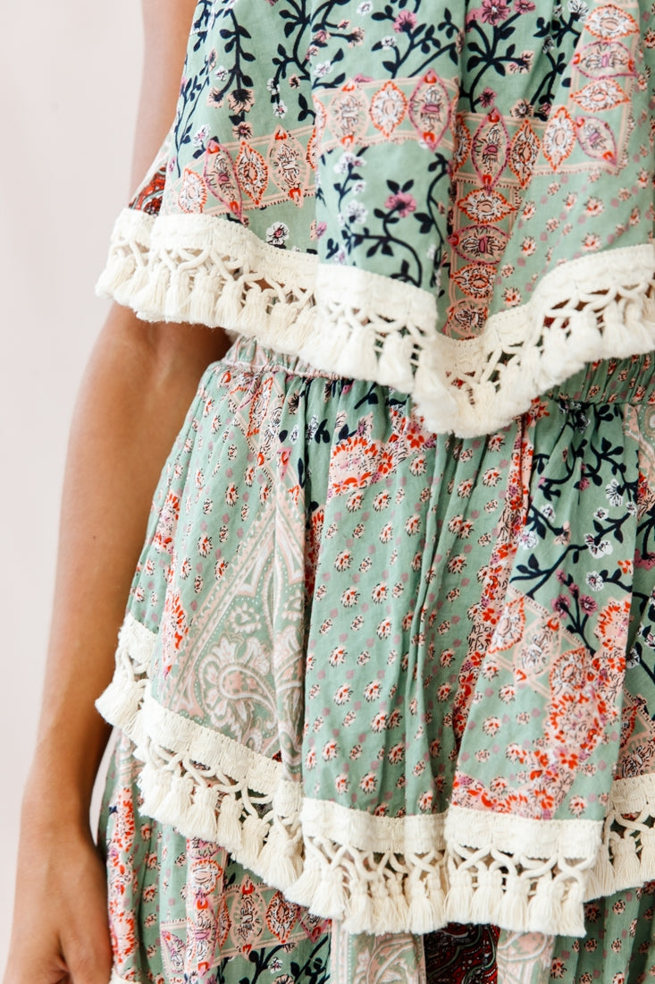 Palau Tassel-Trimmed Paisley Skirt Olive by Selfie Leslie