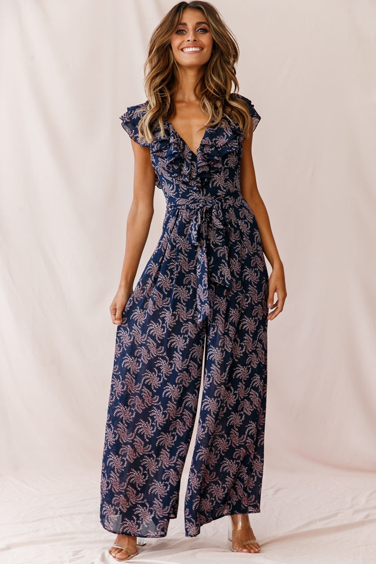 Marcia Ruffle Strap Wide Leg Jumpsuit Floral Print Navy/Pink by Selfie Leslie