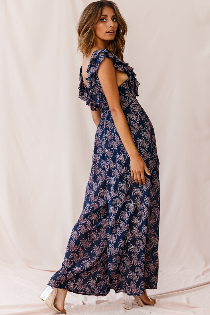 Marcia Ruffle Strap Wide Leg Jumpsuit Floral Print Navy/Pink by Selfie Leslie