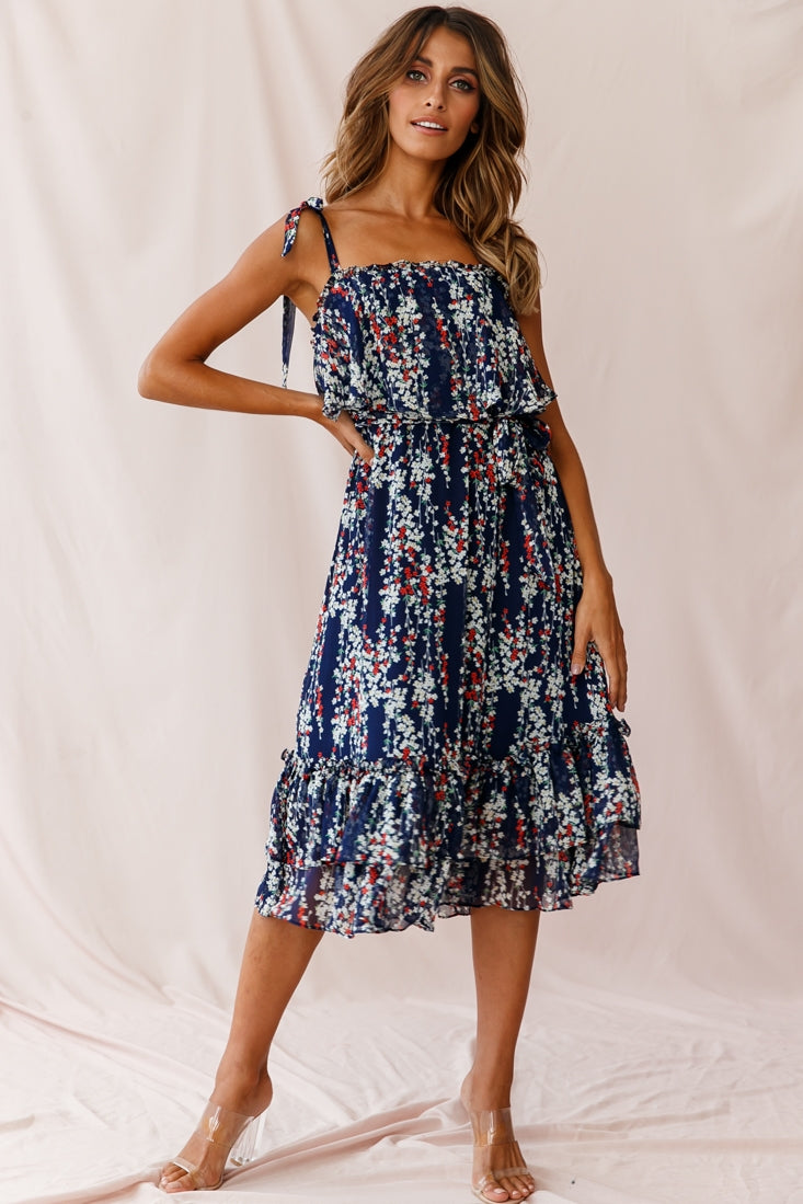 Maeve Shoulder Tie Layered Ruffle Dress Navy by Selfie Leslie