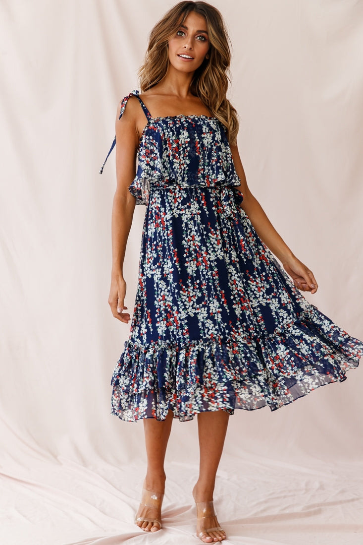 Maeve Shoulder Tie Layered Ruffle Dress Navy by Selfie Leslie