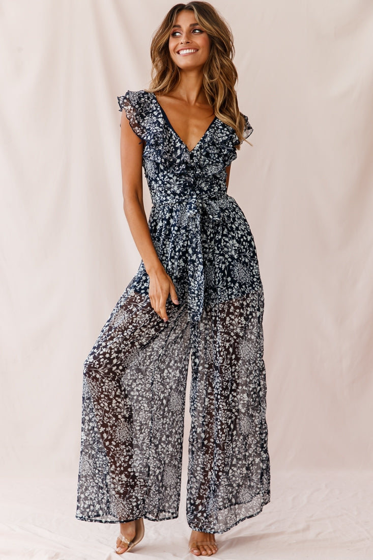 Marcia Ruffle Strap Wide Leg Jumpsuit Navy/White by Selfie Leslie