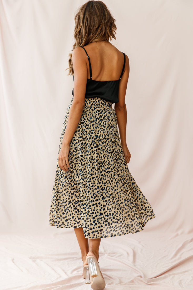 Caroline Accordion Pleat Midi Skirt Animal Print Beige by Selfie Leslie