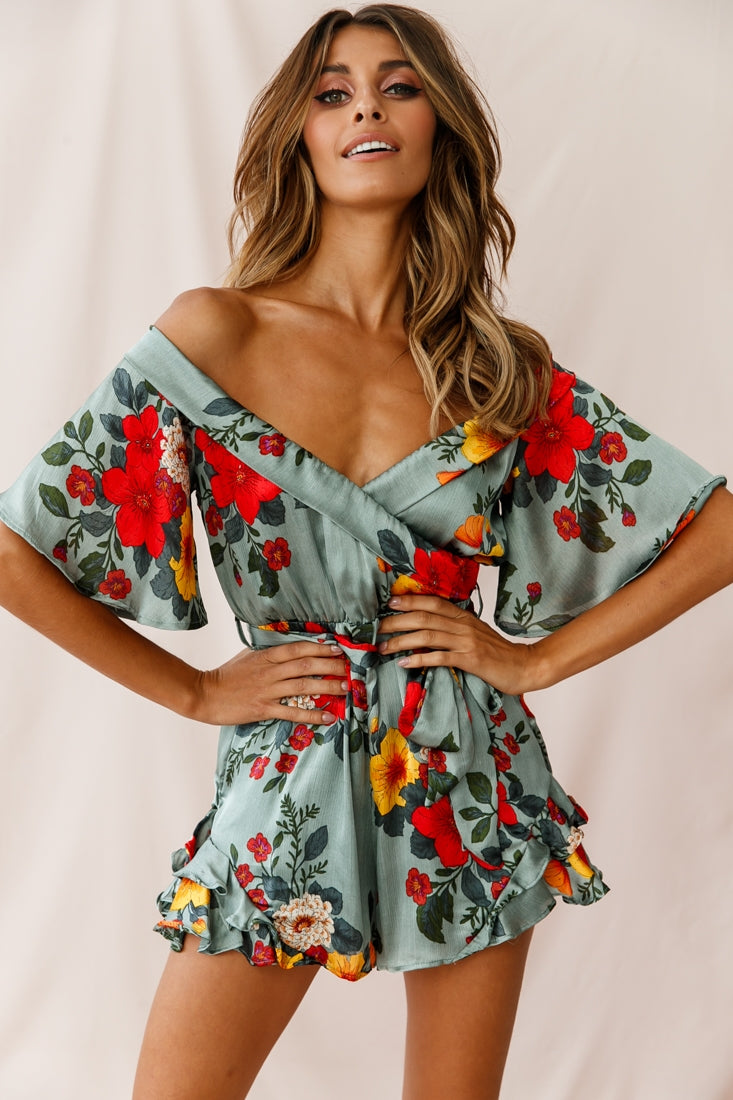Ambrosia Off-Shoulder Floral Romper Sage by Selfie Leslie