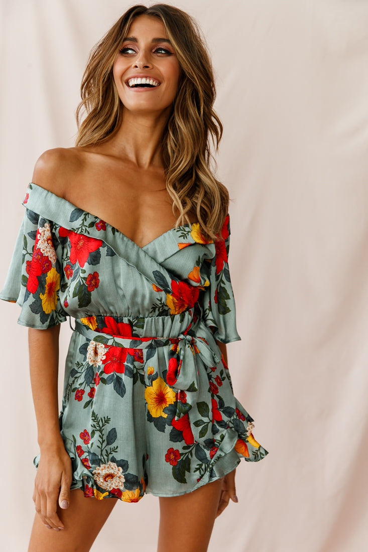 Ambrosia Off-Shoulder Floral Romper Sage by Selfie Leslie