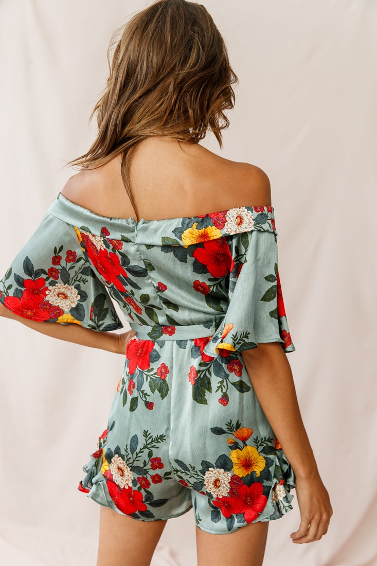 Ambrosia Off-Shoulder Floral Romper Sage by Selfie Leslie