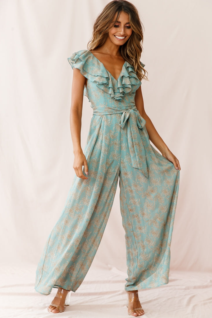 Marcia Ruffle Strap Wide Leg Jumpsuit Floral Print Sage by Selfie Leslie