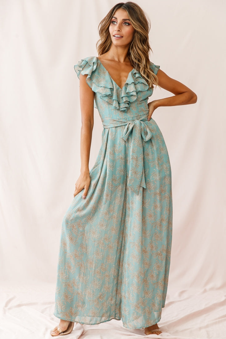 Marcia Ruffle Strap Wide Leg Jumpsuit Floral Print Sage by Selfie Leslie