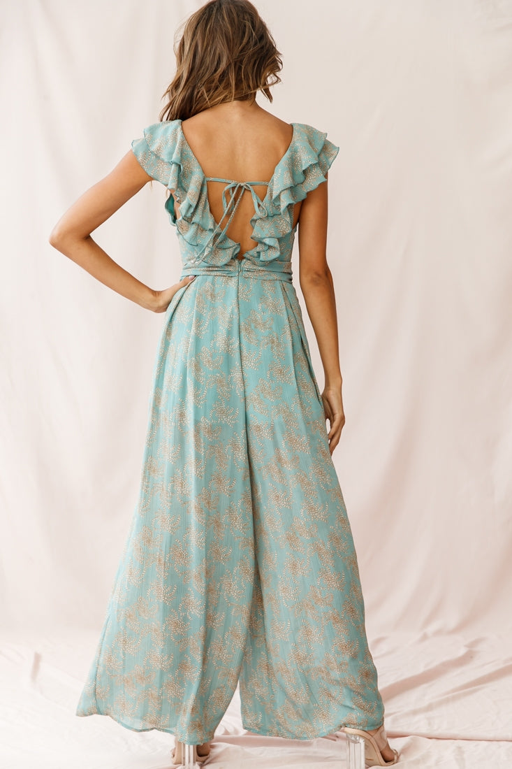 Marcia Ruffle Strap Wide Leg Jumpsuit Floral Print Sage by Selfie Leslie