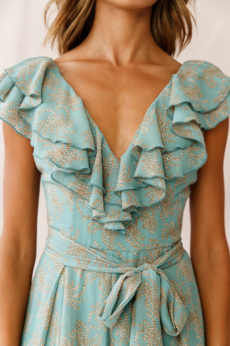 Marcia Ruffle Strap Wide Leg Jumpsuit Floral Print Sage by Selfie Leslie