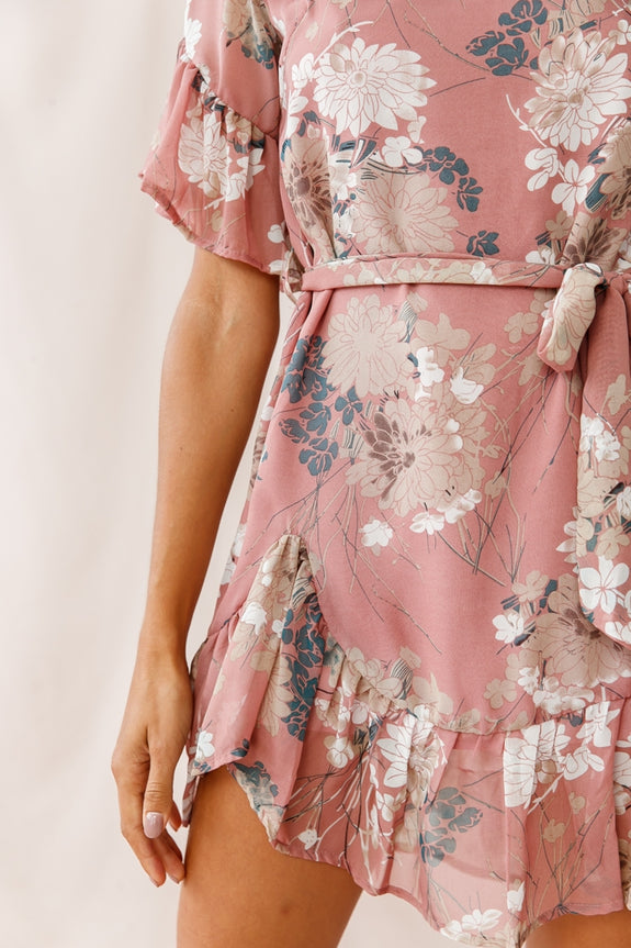 Azealia Ruffle Hem Dress Floral Pattern Pink