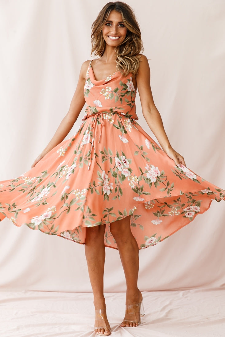Ava Cowl Neck Drawstring Midi Dress Floral Print Peach by Selfie Leslie
