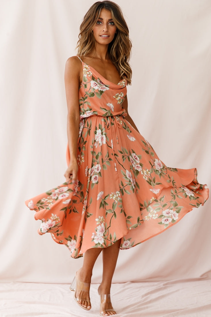Ava Cowl Neck Drawstring Midi Dress Floral Print Peach by Selfie Leslie