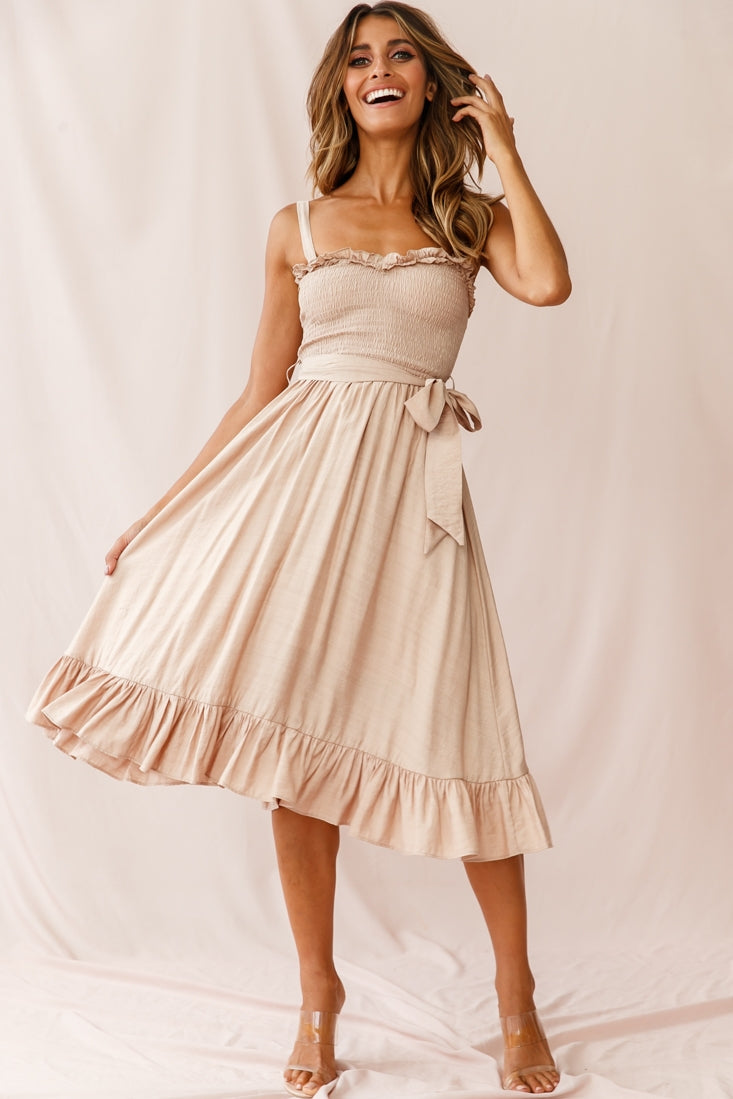 Honey Shirred Frill Midi Dress Mocha by Selfie Leslie