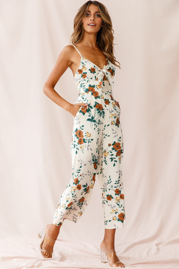 Call Me Wide-Leg Tied Bust Jumpsuit Floral Print Beige by Selfie Leslie