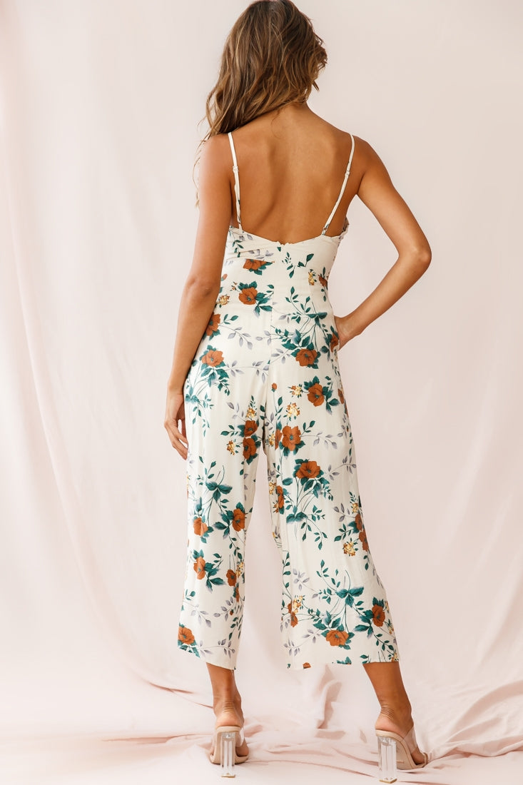 Call Me Wide-Leg Tied Bust Jumpsuit Floral Print Beige by Selfie Leslie