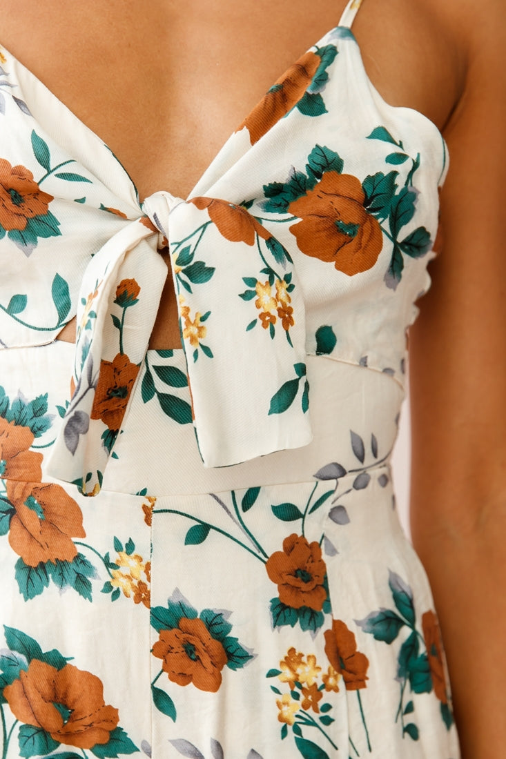 Call Me Wide-Leg Tied Bust Jumpsuit Floral Print Beige by Selfie Leslie