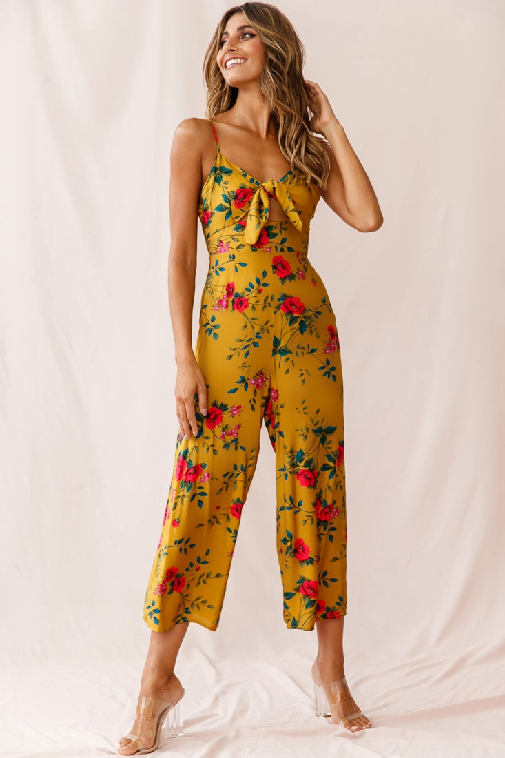 Call Me Wide-Leg Tied Bust Jumpsuit Floral Print Mustard by Selfie Leslie