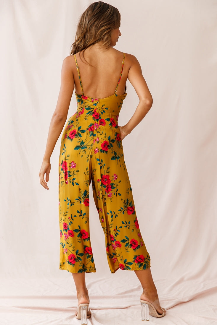 Call Me Wide-Leg Tied Bust Jumpsuit Floral Print Mustard by Selfie Leslie