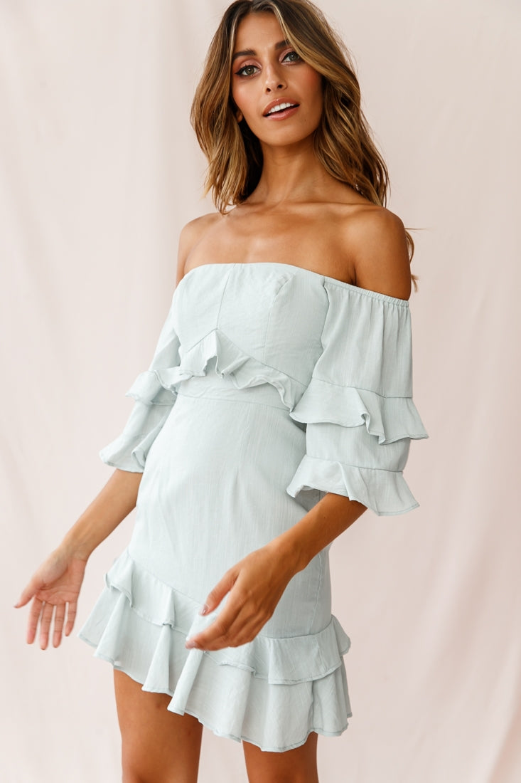 Esmeralda Off-Shoulder Frill Dress Pistachio by Selfie Leslie