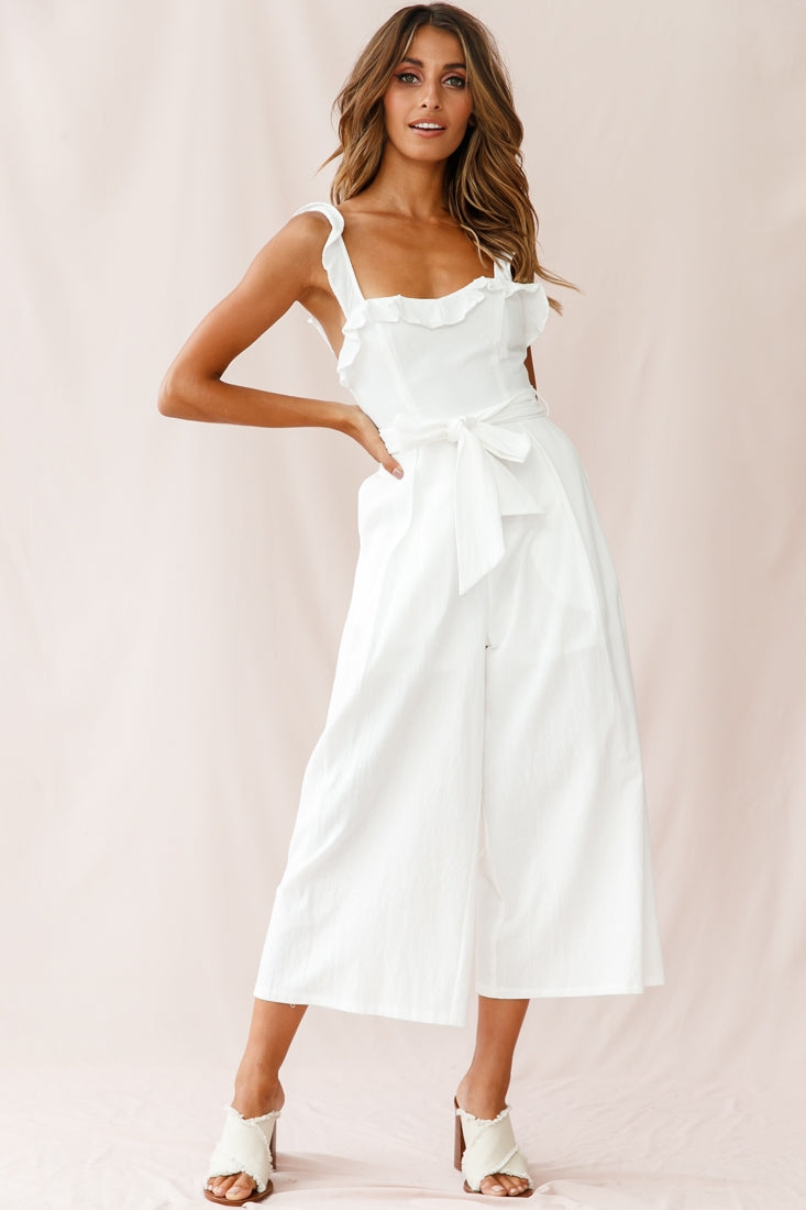 Kaia Ruffle Strap Wide-Leg Capri Jumpsuit White by Selfie Leslie