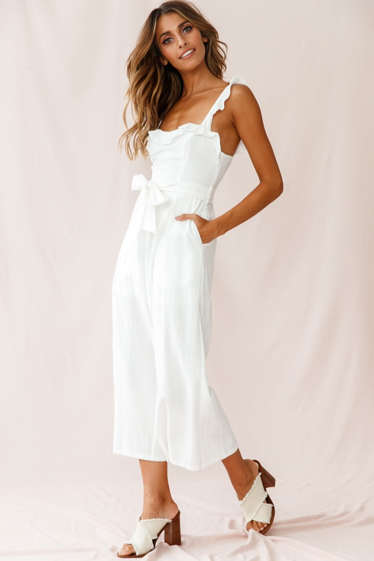 Kaia Ruffle Strap Wide-Leg Capri Jumpsuit White by Selfie Leslie