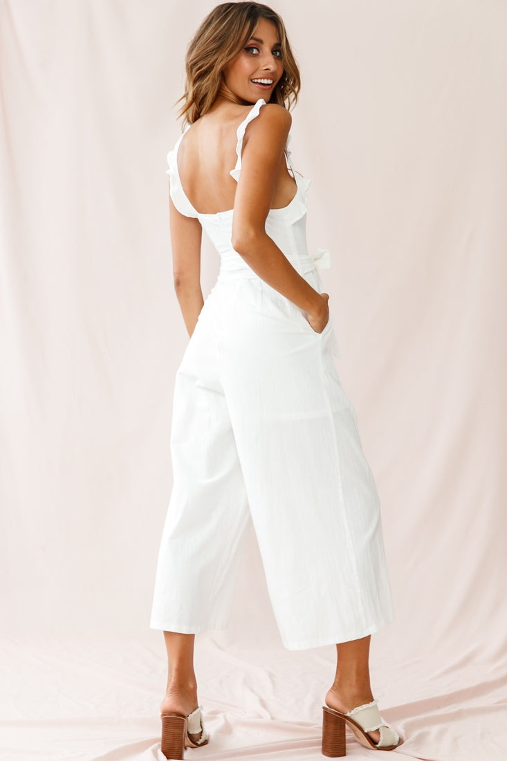 Kaia Ruffle Strap Wide-Leg Capri Jumpsuit White by Selfie Leslie