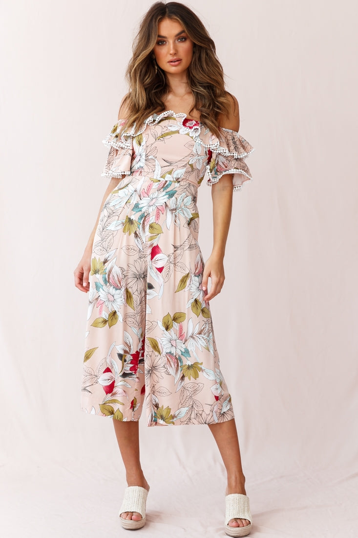 Keeper Off-Shoulder Culotte Jumpsuit Floral Print Mocha by Selfie Leslie