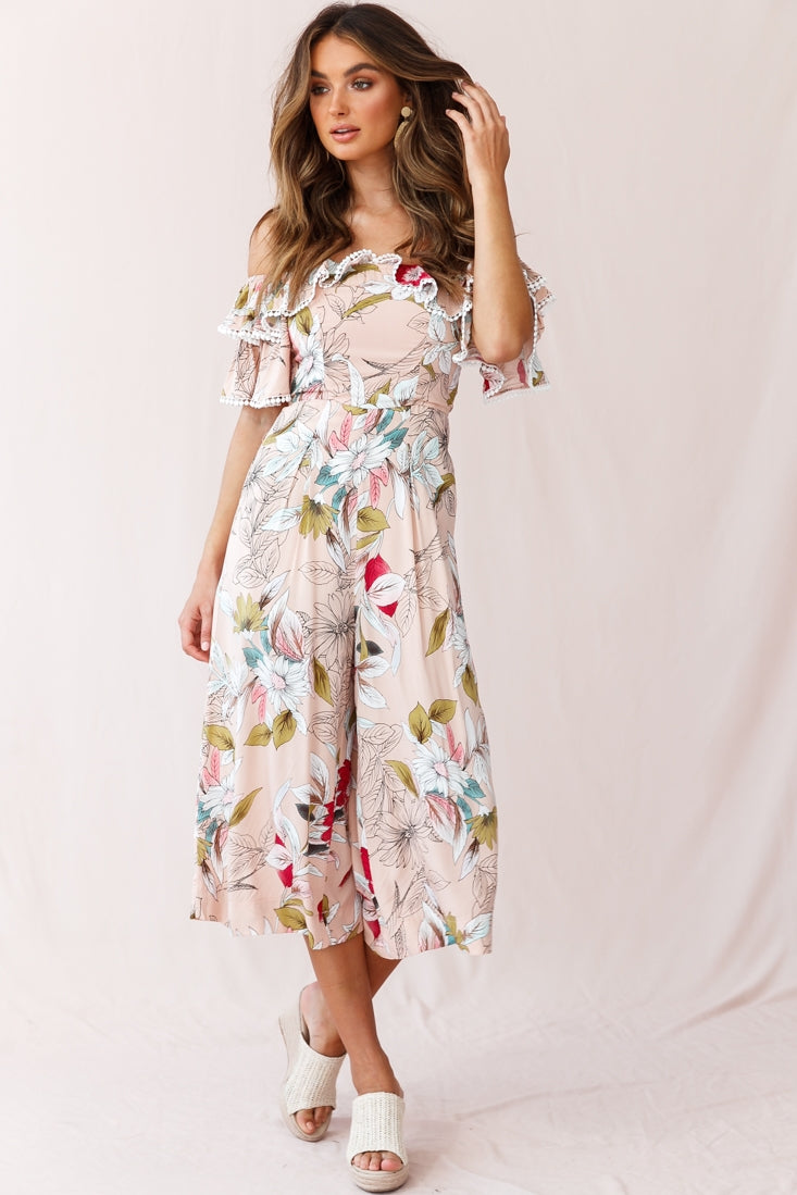 Keeper Off-Shoulder Culotte Jumpsuit Floral Print Mocha by Selfie Leslie
