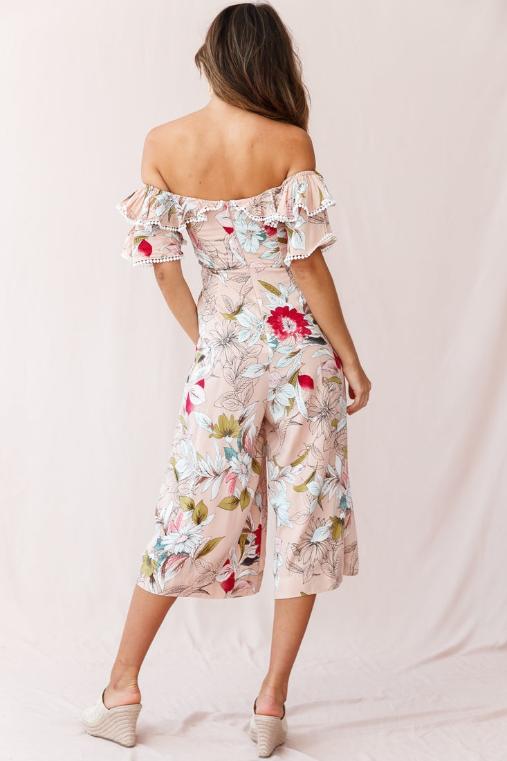 Keeper Off-Shoulder Culotte Jumpsuit Floral Print Mocha by Selfie Leslie