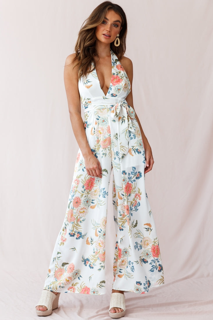 Make Me Halterneck Low Back Jumpsuit Floral Print White by Selfie Leslie
