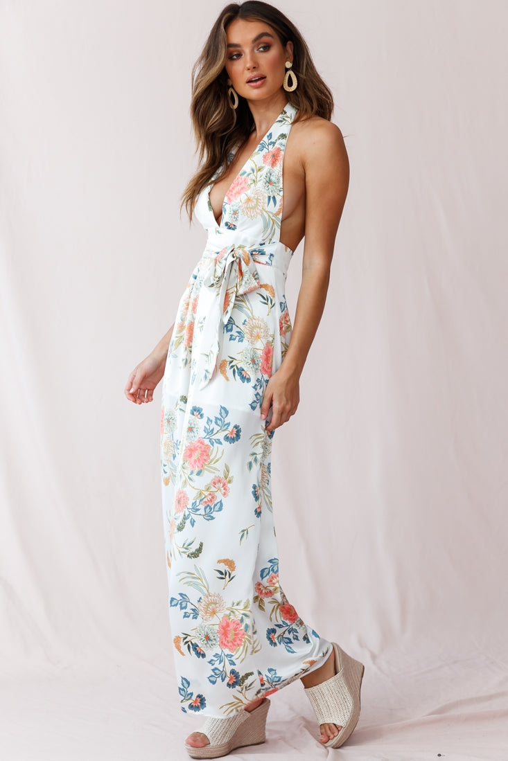 Make Me Halterneck Low Back Jumpsuit Floral Print White by Selfie Leslie