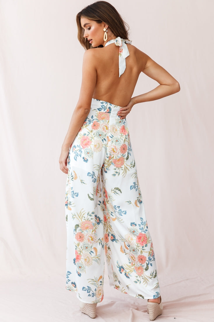 Make Me Halterneck Low Back Jumpsuit Floral Print White by Selfie Leslie