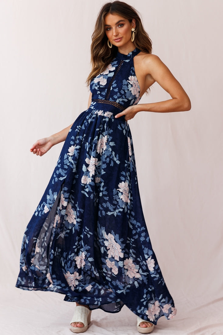 navy blue floral maxi dress Baylor Floral Halterneck Maxi Dress Navy
