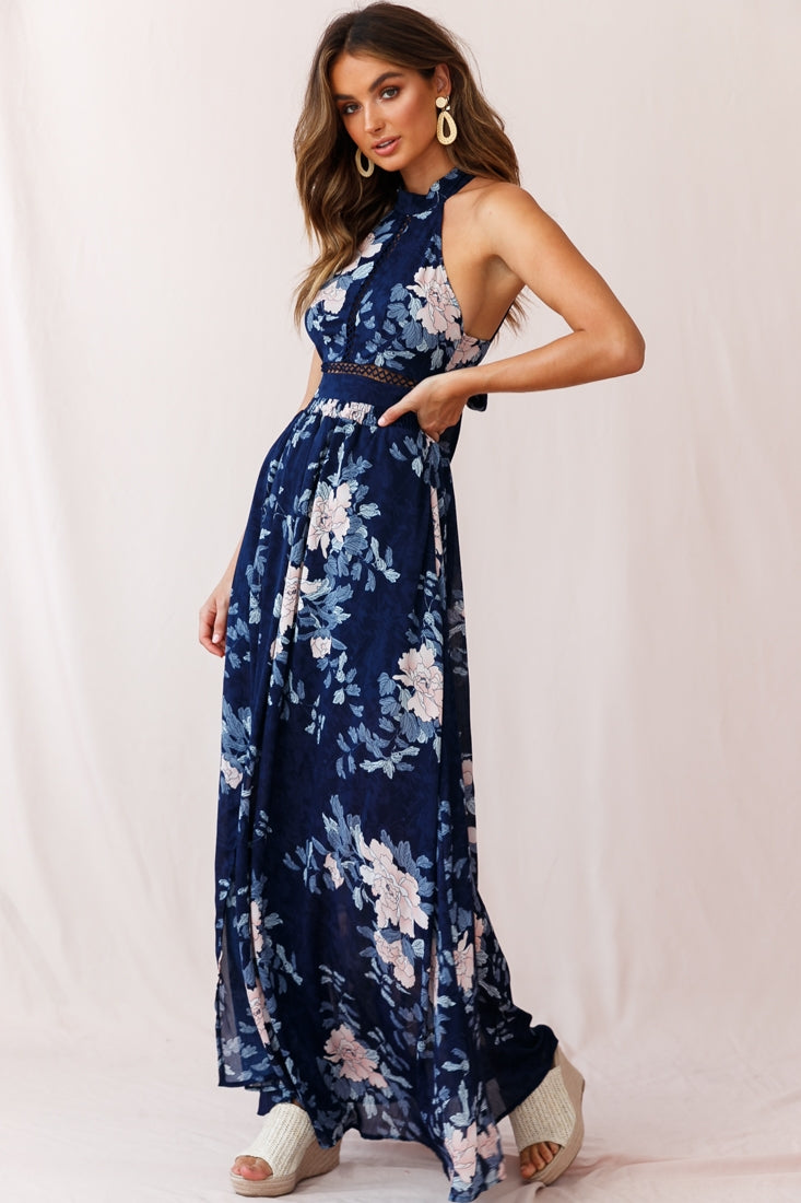 Baylor Floral Halterneck Maxi Dress Navy by Selfie Leslie