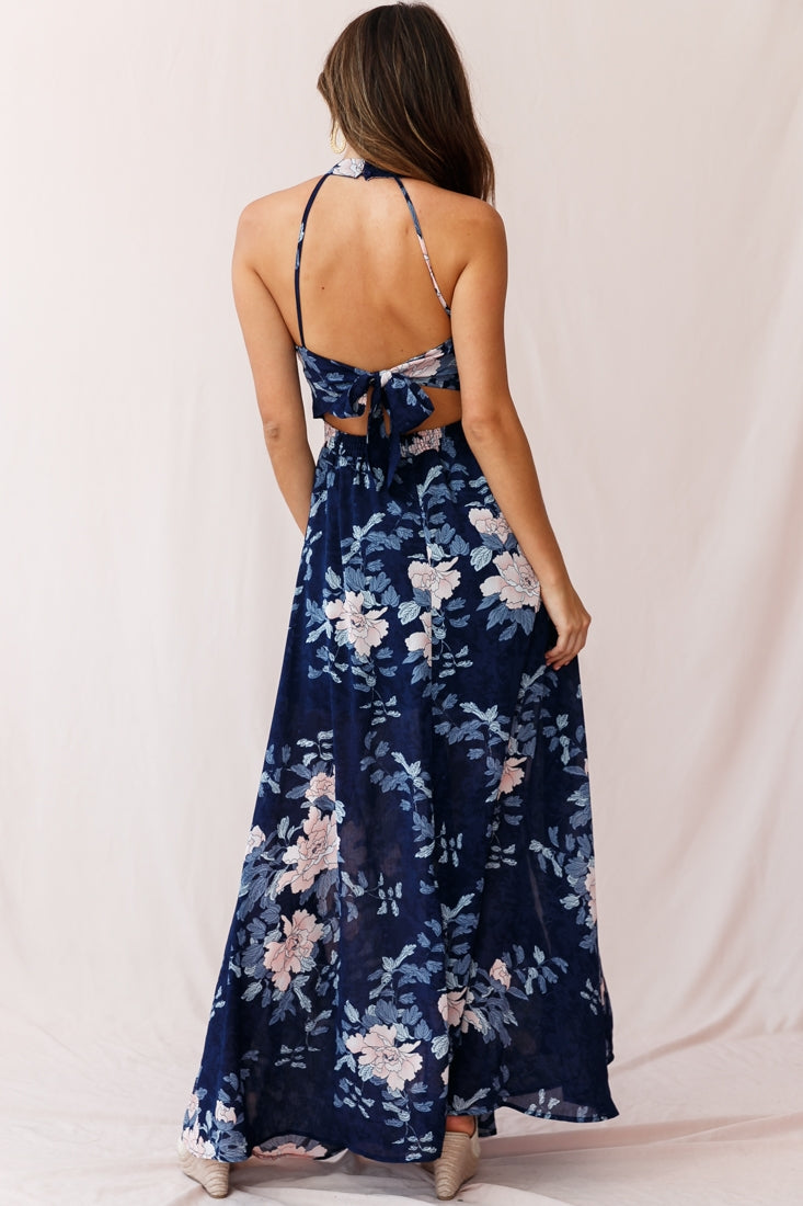 Baylor Floral Halterneck Maxi Dress Navy by Selfie Leslie