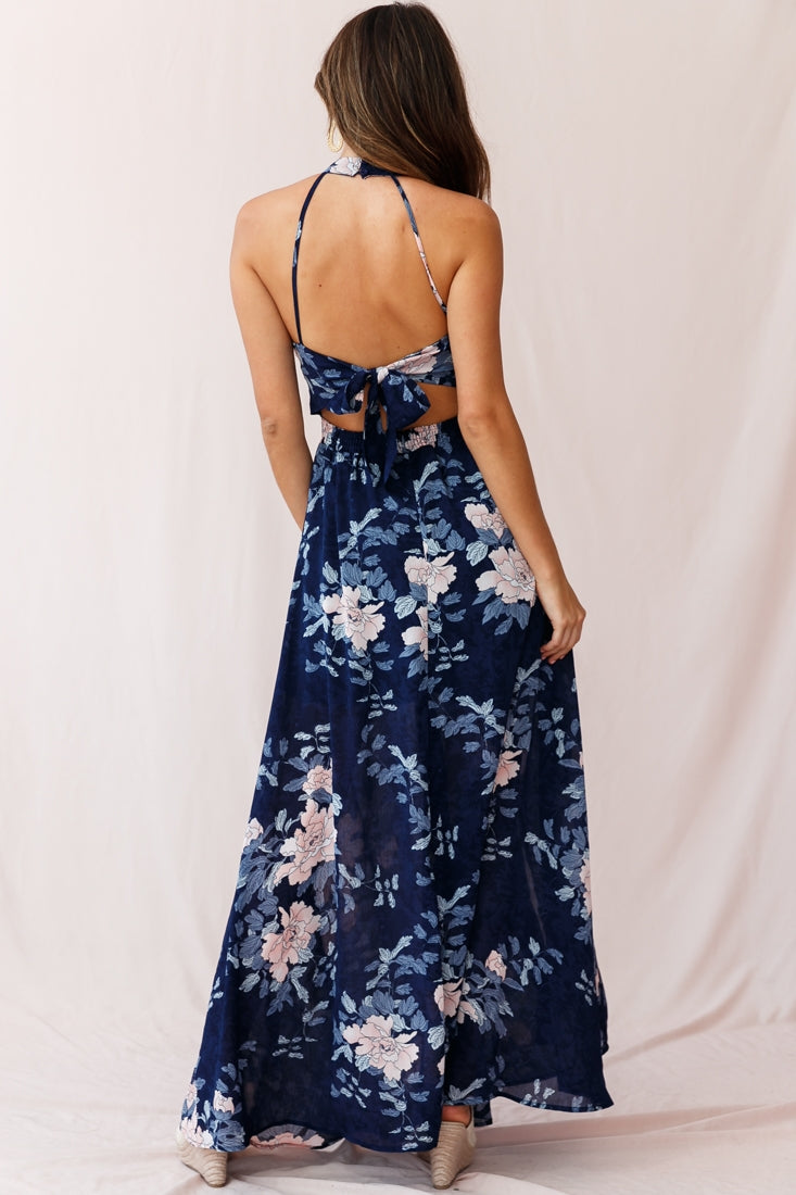 Shop the Baylor Floral Halterneck Maxi Dress Navy | Selfie Leslie