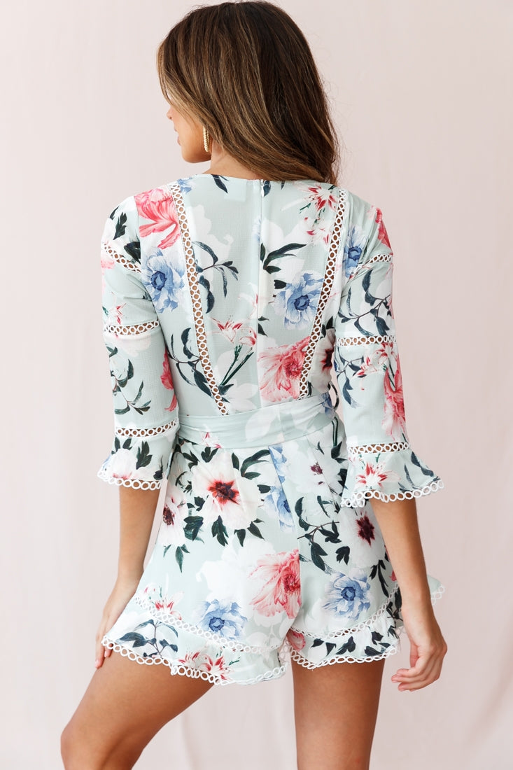 Versailles Three-Quarter Sleeve Floral Romper Green Mint by Selfie Leslie