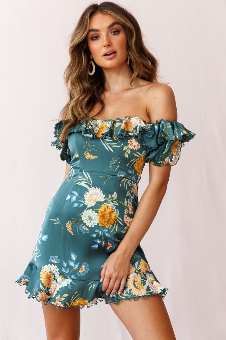 Bobby Bardot Neckline Puff Sleeve Dress Teal by Selfie Leslie