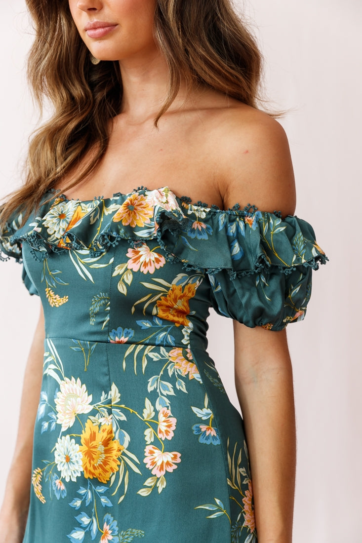 Bobby Bardot Neckline Puff Sleeve Dress Teal by Selfie Leslie