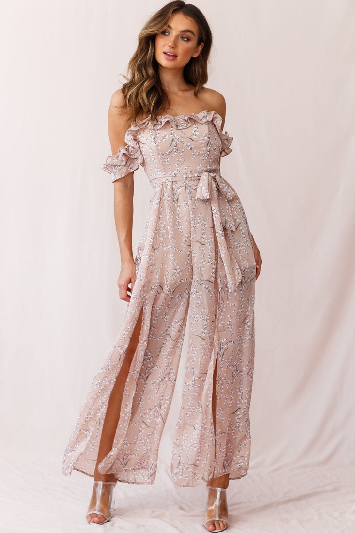Jazz Bardot Neckline Wide Leg Split Jumpsuit Floral Print Blush by Selfie Leslie