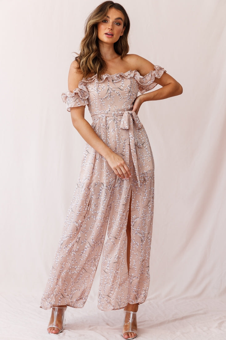 Jazz Bardot Neckline Wide Leg Split Jumpsuit Floral Print Blush by Selfie Leslie